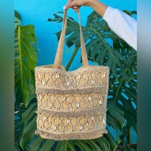 NWT SALT + UMBER Isla Hand Braided Natural Jute Seashell Tote Bag